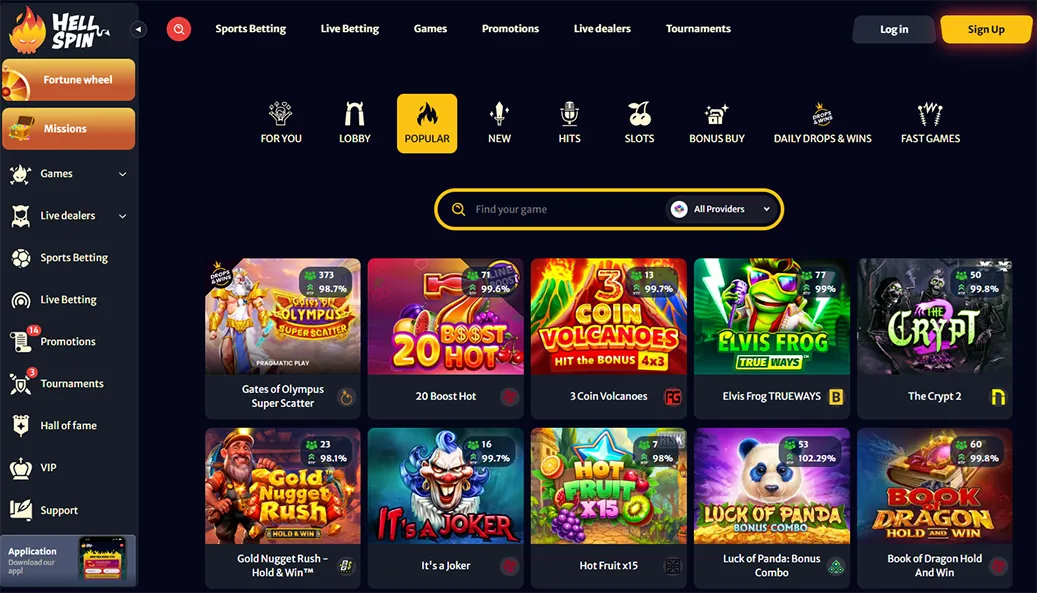HellSpin Casino Interface & Design – Screenshot 2026