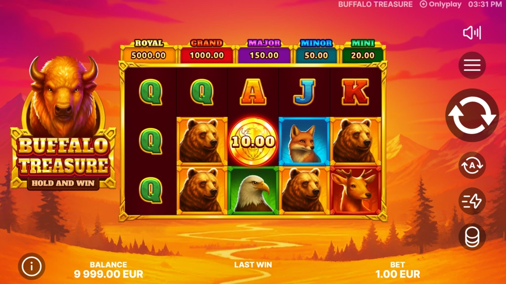 Buffalo Treasure: Hold&Win base game screenshot showing the 5x3 grid with animal symbols and jackpot bar
