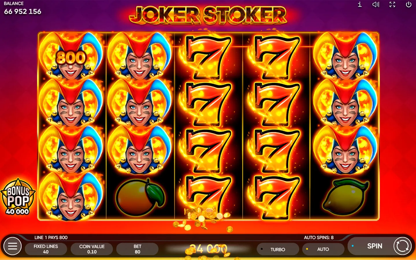 Joker Stoker base game screenshot showing the 5x4 grid with flaming joker and fruit symbols
