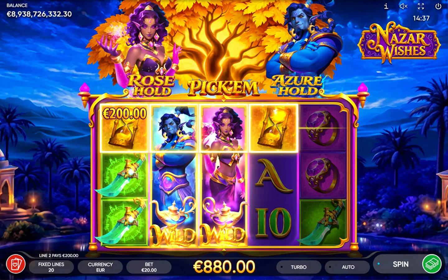 Nazar Wishes base game screenshot showing the 5x3 grid with Arabian symbols and jackpot bar