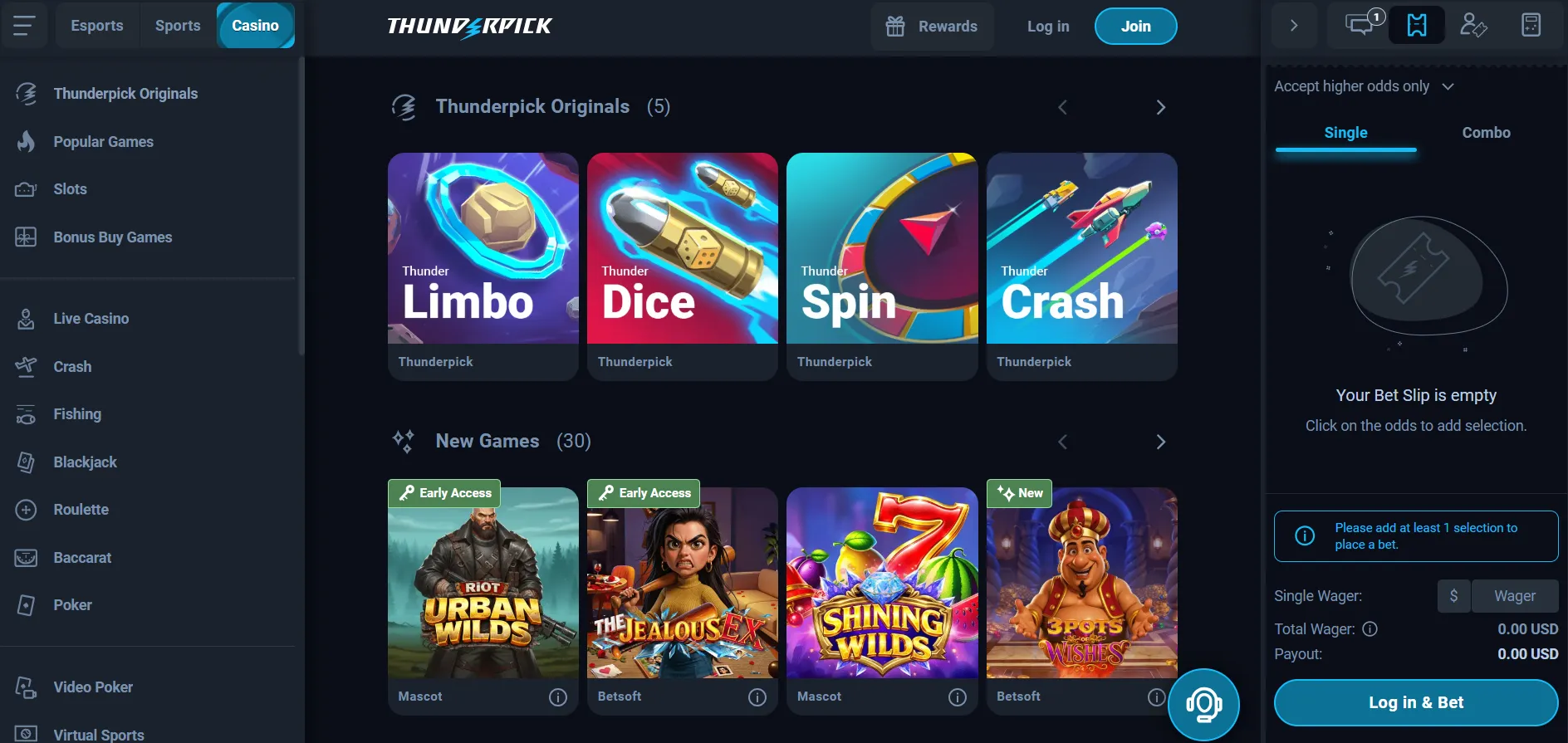 Thunderpick Casino Design & Interface – Screenshot 2026