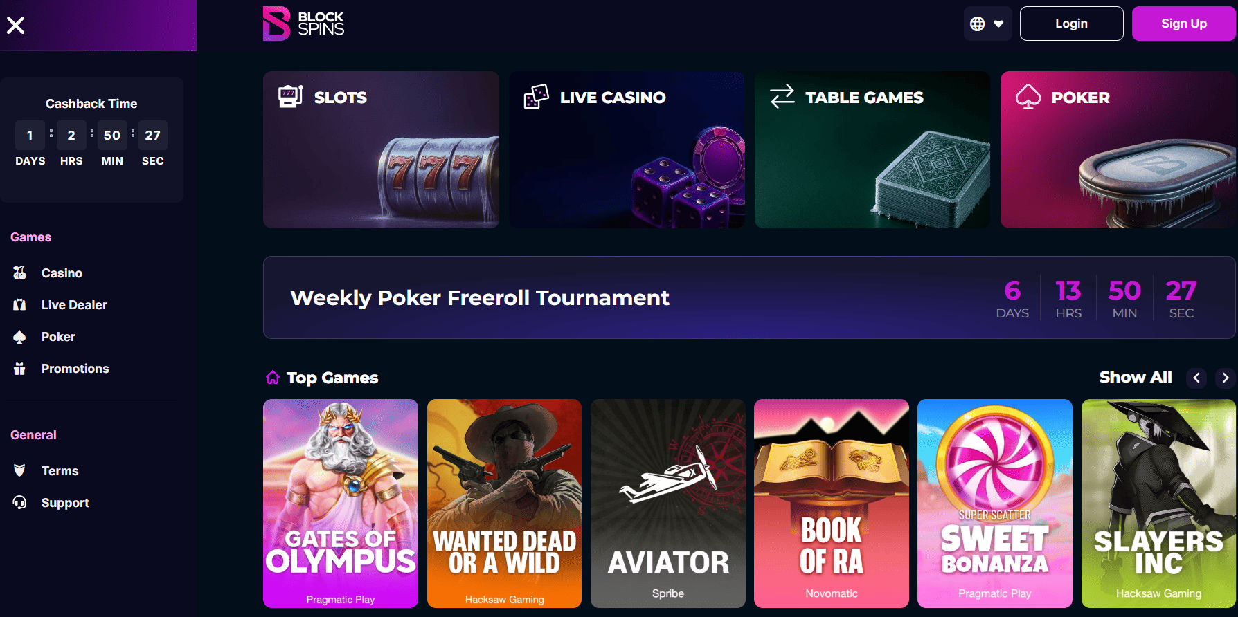 BlockSpins Casino Interface Screenshot — Clean Modern Lobby 2026