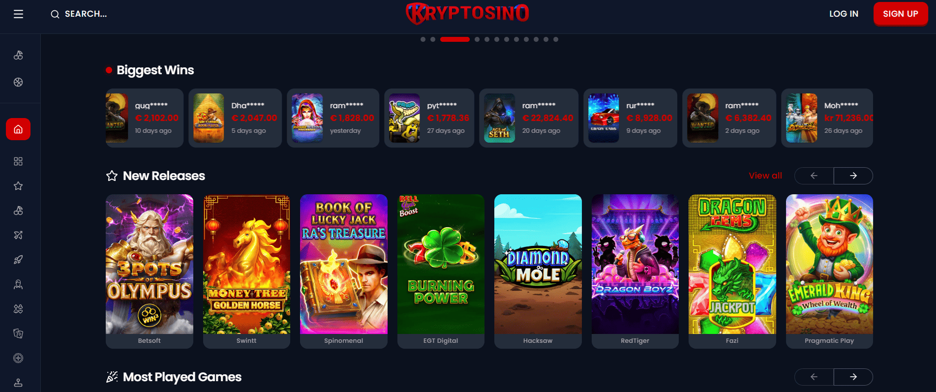 Kryptosino Casino Interface Screenshot — Clean Modern Lobby 2026