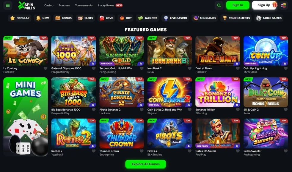 SpinMills Casino Design & Interface – Screenshot 2026
